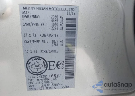 2016 Nissan Rogue S/Sl/Sv z USA, uszkodzony, nr VIN 5N1AT2MT2GC768871